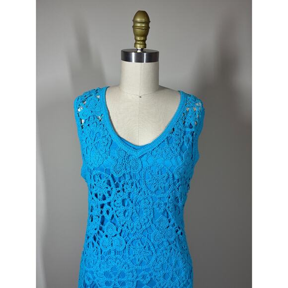 House of Harlow Blue Lace Open Knit Midi Bodycon Dress XS Lined Crochet Colorful - Picture 3 of 16